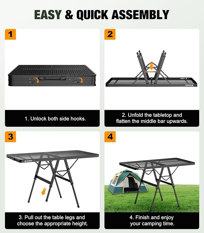 Raynesys Portable Folding Grill Table for Ourdoor, Camping, Picnic, BBQ | Foldable Grill Table with Mesh Desktop, 200lbs 4Ft Height Adjustable Metal Table, 47.24" L x 23.62" W