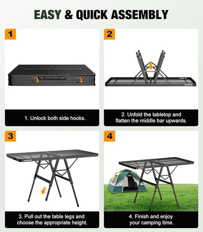 Raynesys Portable Folding Grill Table for Ourdoor, Camping, Picnic, BBQ | Foldable Grill Table with Mesh Desktop, 200lbs 4Ft Height Adjustable Metal Table, 47.24" L x 23.62" W