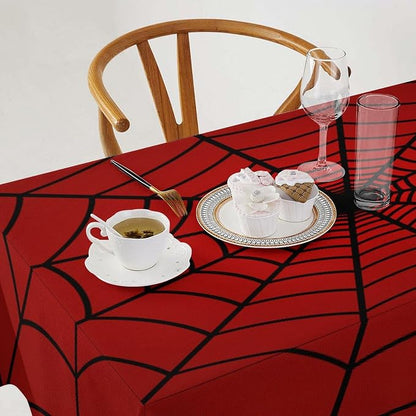 Spider Web Hero Tablecloth, Black Spiderweb Red Cobweb Circle Water Resistant Wipeable Table Cover for Picnic Party Holiday Kitchen Dinner Table 60"x110"