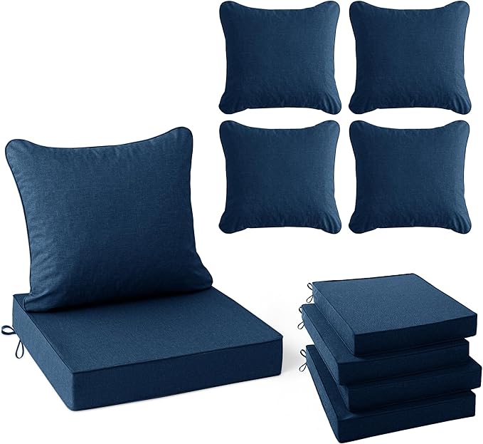 Summsun Outdoor Chair Cushions, Faux Linen Backrest and Deep Seat Cushion Set for Patio Furniture with Weather Resistant Removable Cover, Ties, Non-Slip Bottom, 22 x 22 Inch, Navy, Set of 4