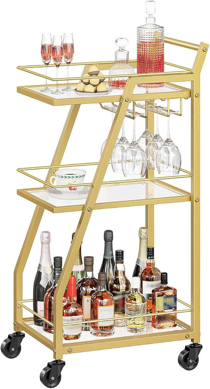 Bar Cart, 3-Tier Home Bar Serving Cart with Wheels, Drink Cart with Glass Holder, Beverage Cart, Rolling Kitchen Cart, for Home, Living Room, Transparent and Gold BC03GD