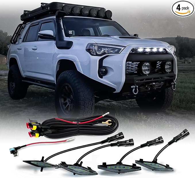 OPT7 4PCS Front LED Grille Lights for 4Runner 2014-2024, with Wire Harness and Fuse Tap, SUV Accessories, White Grill Lights, Smoke Lens