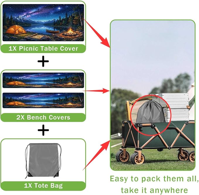 JAWO Starry Night Mountain Lake Tent Camping RV Camper Picnic Table Cover with Bench Covers, Camper RV Essentials Gear Supplies Outdoor Waterproof Windproof Tablecloth with Elastic, 30X96in