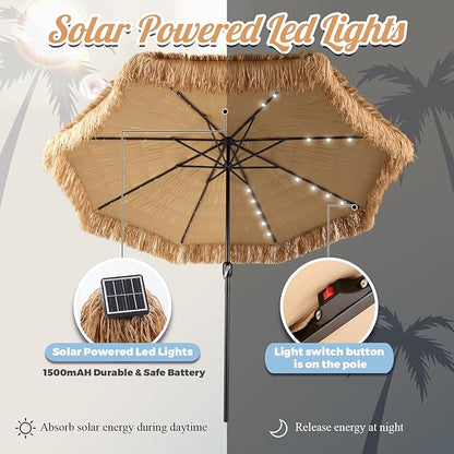 CroBlissful 10 ft Solar Tiki Umbrella with 32 LED Lights, Hula Thatched Patio Umbrella, UPF 50+, Hawaiian Style Beach Umbrellas for Garden, Beach, Pool, and Backyard