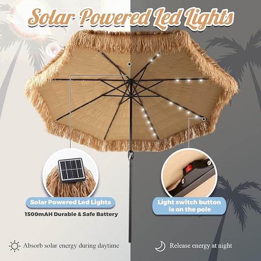 CroBlissful 10 ft Solar Tiki Umbrella with 32 LED Lights, Hula Thatched Patio Umbrella, UPF 50+, Hawaiian Style Beach Umbrellas for Garden, Beach, Pool, and Backyard