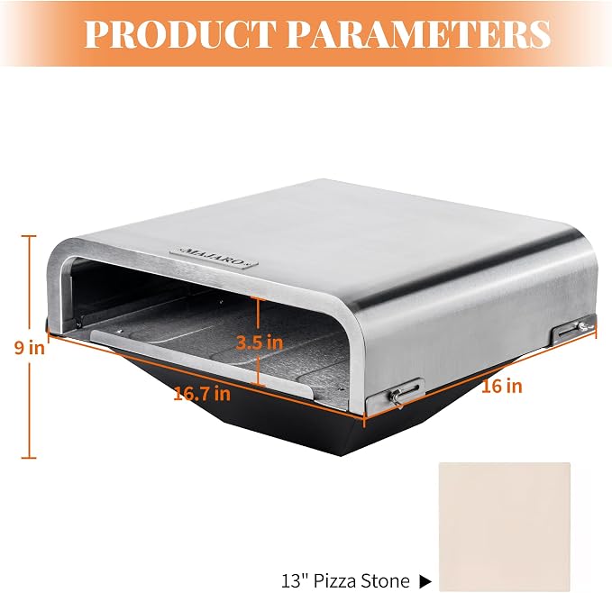 MAJARO Pellet Grill Pizza Oven Attachment with 13" Cordierite Pizza Stone, Stainless Steel Outdoor Pizza Oven Insert, Adjustable 16"-19" Depth, Fits Most Pellet Grills, Up to 800°F
