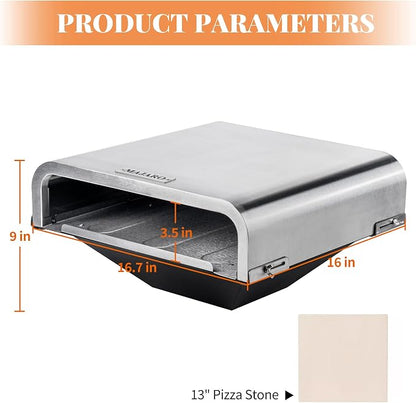 MAJARO Pellet Grill Pizza Oven Attachment with 13" Cordierite Pizza Stone, Stainless Steel Outdoor Pizza Oven Insert, Adjustable 16"-19" Depth, Fits Most Pellet Grills, Up to 800°F