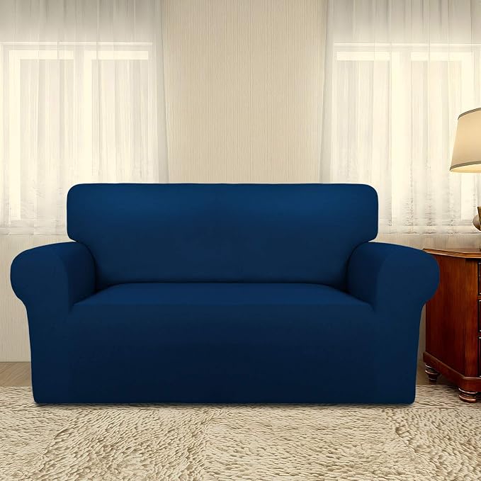 PureFit Stretch Loveseat Covers Fleece Couch Covers for Sofa Navy | 1-Piece Sofa Slipcover Soft Couch Protector, Sofa Cover Washable with Non Skid Foam and Elastic Bottom for Kids, Dogs