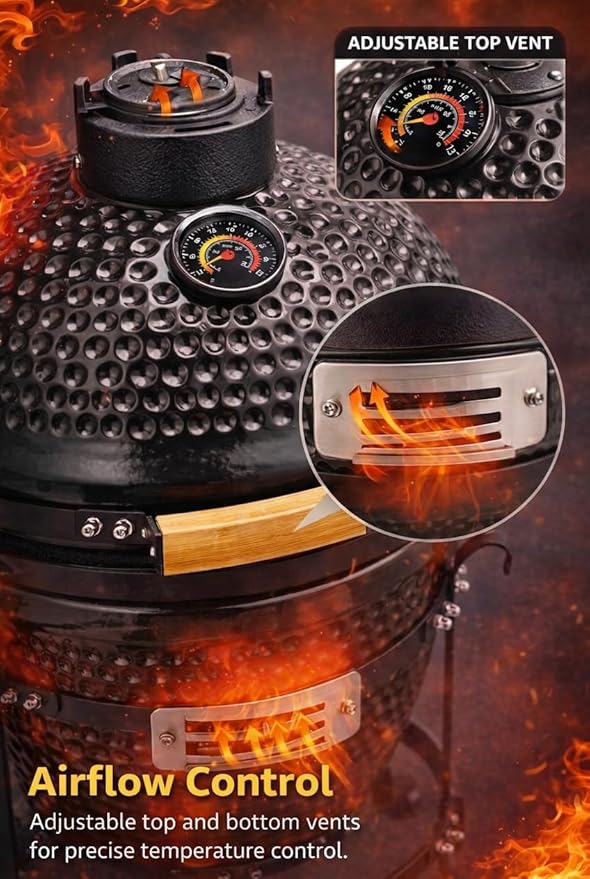 13-in W Kamado Grill with Built-in Thermometer, Oval Grill with Cast Iron Grates, Bamboo handle, Portable Ceramic Grills with Low Stand for Backyard, Patio, Deck grilling, Black