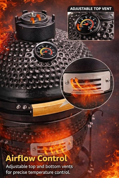 13-in W Kamado Grill with Built-in Thermometer, Oval Grill with Cast Iron Grates, Bamboo handle, Portable Ceramic Grills with Low Stand for Backyard, Patio, Deck grilling, Black