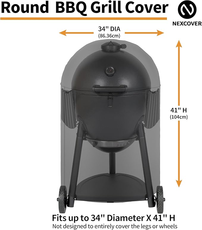 NEXCOVER Round Grill Cover | 34” Dia by 41”H BBQ Cover, Dome Smoker Cover, Fade & UV Resistant Barbecue Cover, Waterproof Heavy Duty Barbeque Cover, Compatible for Char-Griller Akorn Kamado Grills