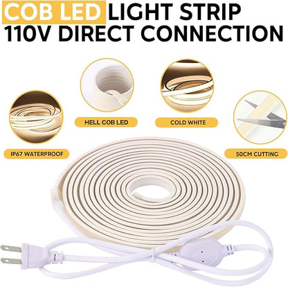 LED Rope Lights AC 110V COB LED Strip Light 9.84ft Waterproof Light Strips IP67 White LED Lights for Living Room Bedroom Under Cabinet Lighting