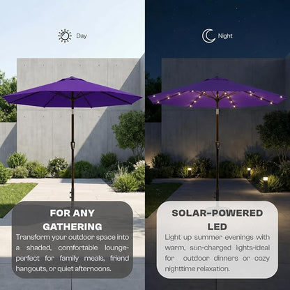 10FT Solar Lighted Patio Umbrella, Outdoor Table Market Umbrellas with Push Button Tilt and Crank, 32 LED Lights, 8 Sturdy Ribs, UV-Resistant for Deck, Garden, Pool