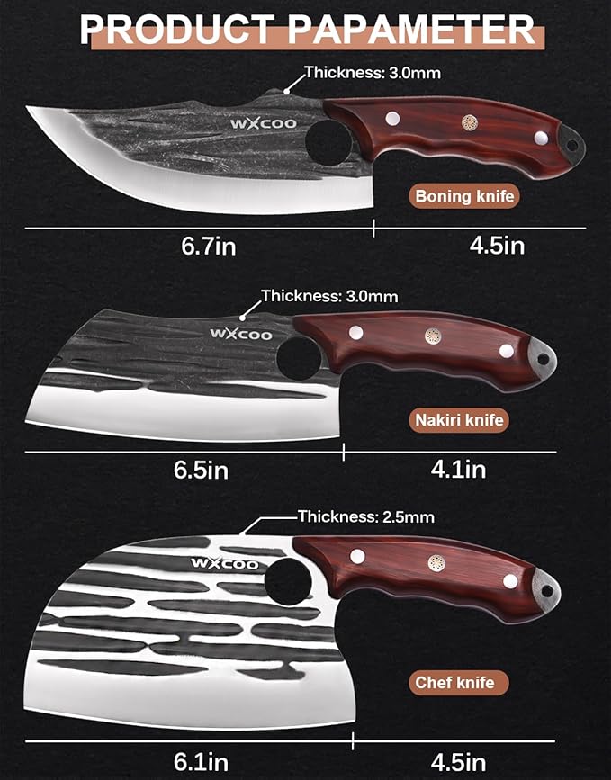 Serbian Chef Knife Set 3 Piece Hand Forged Viking Butcher Knife High Carbon Steel for Meat Cutting BBQ Camping, Unique Mens Birthday Gift for Hunters Grillers and Outdoor Cooking