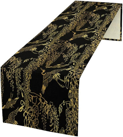 Japanese Table Runner Oriental Gold Cranes Vintage Asian Chinese Traditional Dinner Runner Table Decoration for Home Kitchen Dining Table Holiday Party 13x70in
