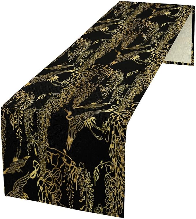 Japanese Table Runner Oriental Gold Cranes Vintage Asian Chinese Traditional Dinner Runner Table Decoration for Home Kitchen Dining Table Holiday Party 13x90in