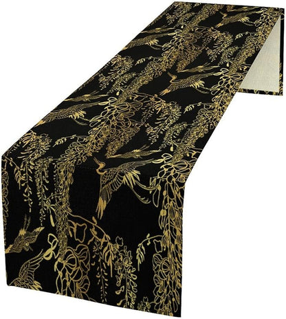 Japanese Table Runner Oriental Gold Cranes Vintage Asian Chinese Traditional Dinner Runner Table Decoration for Home Kitchen Dining Table Holiday Party 13x90in