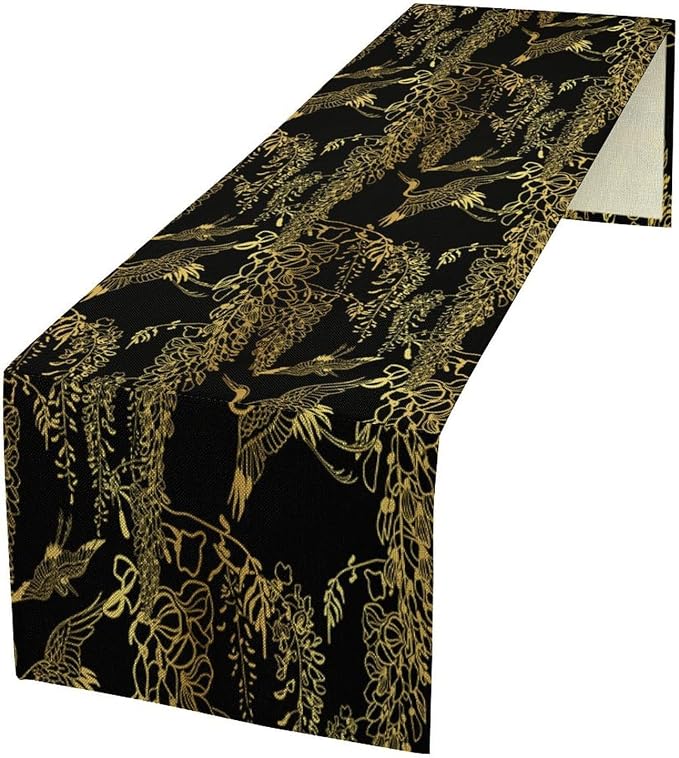 Japanese Table Runner Oriental Gold Cranes Vintage Asian Chinese Traditional Dinner Runner Table Decoration for Home Kitchen Dining Table Holiday Party 13x120in