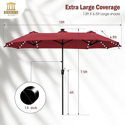 HERA'S PALACE 13 ft Patio Umbrella with 120 LED Solar Lights Double Sided Outdoor Umbrella for Patio 8 Colors Changing Table Umbrella for Garden Pool, Orange Red