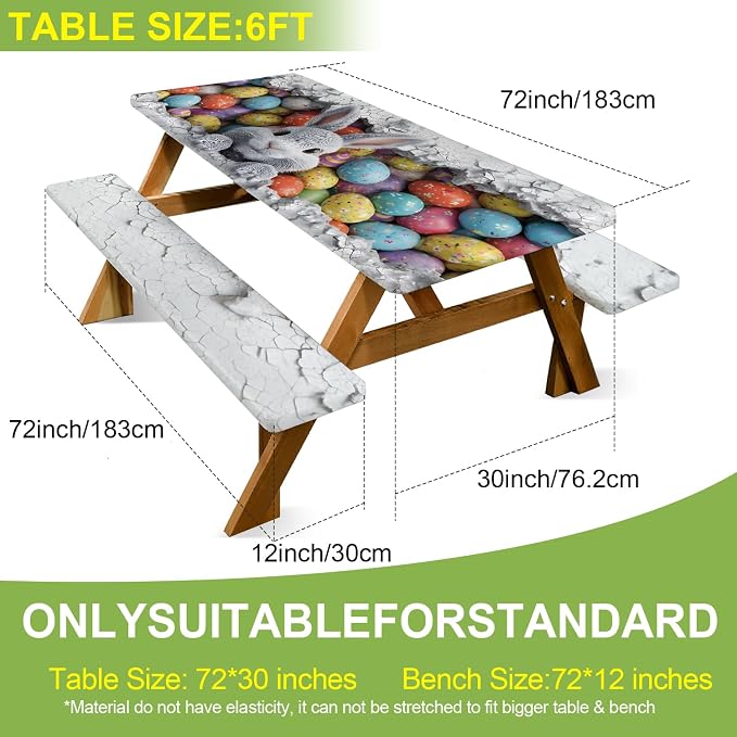 ANNA QUEEN Easter Bunny 6FT Picnic Table Cover with Bench Covers Set of 3 with Drawstring Bag, Bunny & Easter Eggs 72"x30" Waterproof Picnic Tablecloth & Bench Covers for Outdoor Party