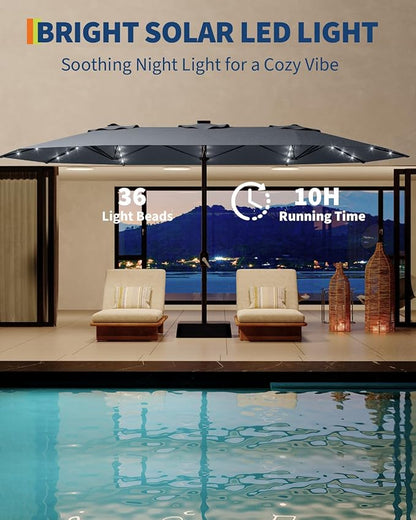 GarveeLife 15 ft Large Patio Umbrella with Lights, 36 LED Lights Double-sided Patio Umbrella with Weighted Base for Poolside Garden Backyard