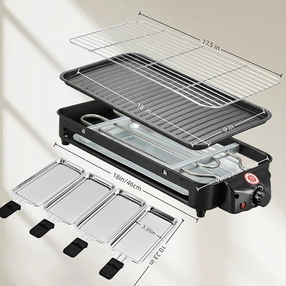 Electric Indoor Grill, 3 in 1 Smokeless Indoor Grills with Non-stick Removable Grill & Griddle Plate, Portable Korean BBQ Grills with 4 Cheese Pans, Adjustable Temperature Control, 1500W (Black)