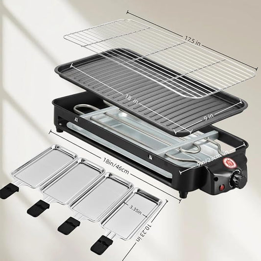 Electric Indoor Grill, 3 in 1 Smokeless Indoor Grills with Non-stick Removable Grill & Griddle Plate, Portable Korean BBQ Grills with 4 Cheese Pans, Adjustable Temperature Control, 1500W (Black)
