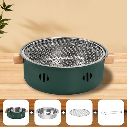 Portable Charcoal Barbecue Grill, 1pc Mini BBQ Grill Multifunctional Charcoal Grill Round Tabletop Charcoal Grill for Outdoor Cooking Home Party Picnic Camping (Green)