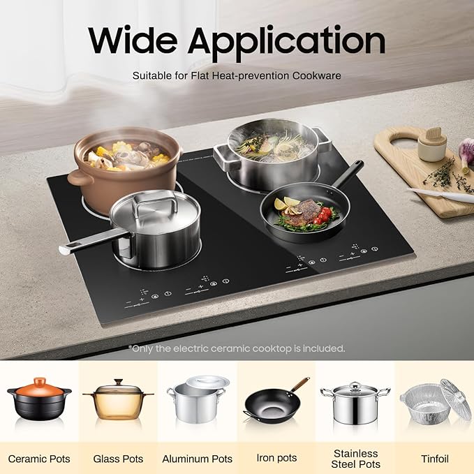 3000W 110V Electric Cooktop 4 Burners, 24 Inch Portable Built-In Countertop Ceramic Stove Top Built-in Cooktop Sensor Touch Control with Safety Lock & Timer 9 Power Levels (NO PLUG)