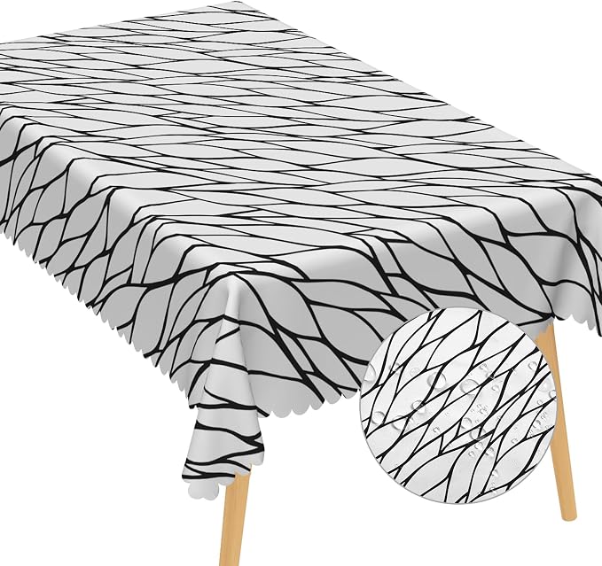 Black and White Geometric Fabric Waterproof Tablecloth 60x84 Inch Abstract Irregular Stripes Tablecloths Dining Table Cloth Buffet Parties Patio and Camping Chic Decoration for Home Kitchen