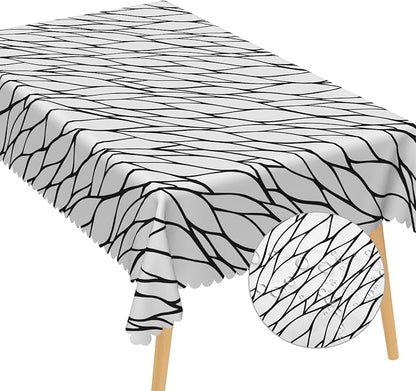 Black and White Geometric Fabric Waterproof Tablecloth 60x102 Inch Abstract Irregular Stripes Tablecloths Dining Table Cloth Buffet Parties Patio and Camping Chic Decoration for Home Kitchen