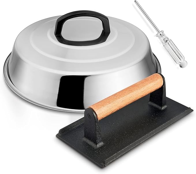 12In Cheese Melting Dome & 8x4In Cast Iron Grill Press, HaSteeL Stainless Steel Basting Cover with Heavy Duty Burger Bacon Press, Griddle Accessories for Teppanyaki Flat Top Stovetop Indoor & Outdoor