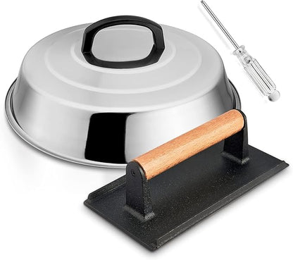 12In Cheese Melting Dome & 8x4In Cast Iron Grill Press, HaSteeL Stainless Steel Basting Cover with Heavy Duty Burger Bacon Press, Griddle Accessories for Teppanyaki Flat Top Stovetop Indoor & Outdoor