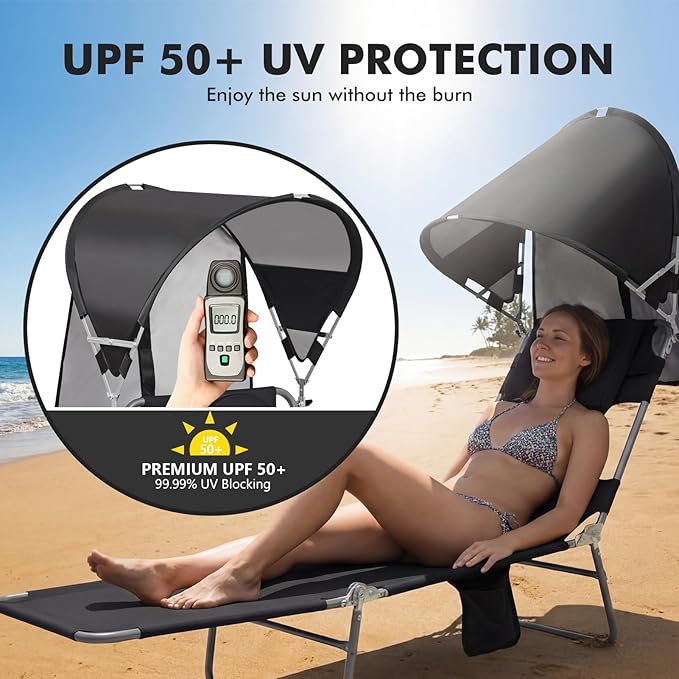 Backpack Beach Tanning Lounge Chair with Canopy Shade Face Hole Padded Adjustable Washable, 6 Position Layout Chair for Outside Sunbathing Poolside Lawn, UPF 50+ Wind-Resistant Sun Shade, 2Pack