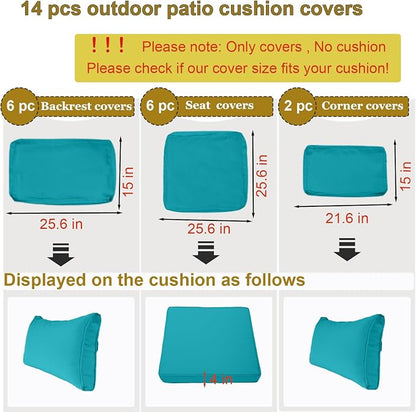 14 Piece Outdoor Patio Cushion Cover Replacement, Waterproof Patio Cushion Covers, Outdoor Furniture Cushion Covers Set for 6 Seat Wicker Rattan Sofa (Turquoise)