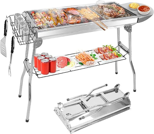 TeqHome Portable Charcoal Grill, Upgraded Folding Large Barbecue Charcoal Grill W/Board Shelf & Flavoring Storage Basket, Stainless Steel Frame, for 8 People Picnic Garden Terrace Camping Travel Use