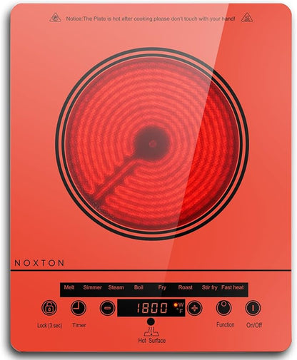 Noxton Portable Electric Stove 110V, 1800W Single Burner Electric Cooktop, Countertop Burner Electri Hot Plate, 4 Hour Timer, 9 Power Level, Child Safety Lock, Compatible with All Cookware(Red)