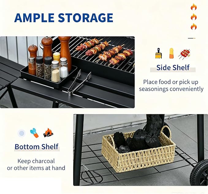 Portable Charcoal Grill with Foldable Side Shelf & Bottom Shelf, BBQ Smoker with Wheels and Adjustable Lid Vents for Picnic, Camping, Backyard Cooking (32.25" x 30" x 40.5")
