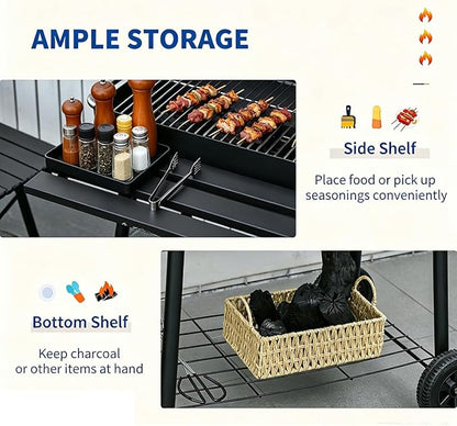 Portable Charcoal Grill with Foldable Side Shelf & Bottom Shelf, BBQ Smoker with Wheels and Adjustable Lid Vents for Picnic, Camping, Backyard Cooking (32.25" x 30" x 40.5")