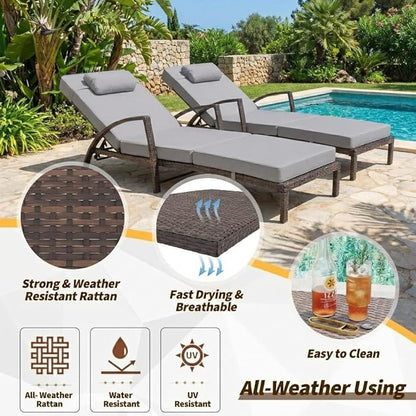 GarveeLife Outdoor Wicker Chaise Lounge Chair with Cushion, Metal Frame Patio Reclining Lounge Bed, All-Weather Rattan Sun Lounger for Poolside, Garden, Backyard & Balcony,Brown Wicker, Gray Cushion
