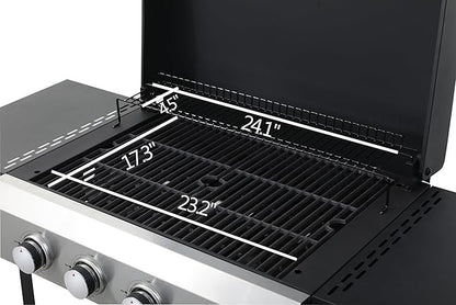 4-Burner Propane Gas BBQ Grill, SS Plancha, 49200BTU Output With Wire Enamel Cooking Grids For Outdoor Barbecue, Foldable Side Table, Hanging Basket, Stainless Steel