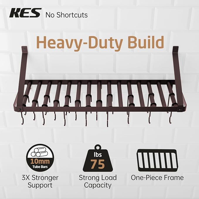 KES 75lb High-Capacity Oil Bronze Pot Rack Wall Mounted with Pot Lid Holder | 34 Inch Heavy-Duty Pots and Pans Hanging Rack with 20 Hooks, Drilling Template Provided for Easy Install