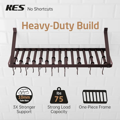 KES 75lb High-Capacity Oil Bronze Pot Rack Wall Mounted with Pot Lid Holder | 34 Inch Heavy-Duty Pots and Pans Hanging Rack with 20 Hooks, Drilling Template Provided for Easy Install