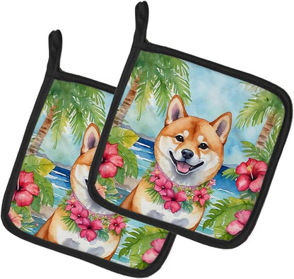 Caroline's Treasures Shiba Inu Luau Pair of Pot Holders Kitchen Heat Resistant Pot Holders Sets Oven Hot Pads for Cooking Baking BBQ, 7 1/2 x 7 1/2