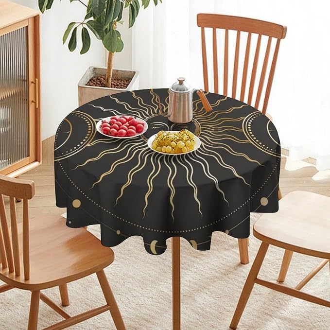 Vintage Sun Round Tablecloth Boho Celestial Star Magical Galaxy Space Moon Phases Table Cloth Water Resistant Wipeable Table Cover for Farmhouse Picnic Party Holiday Kitchen Dinner Table 50"