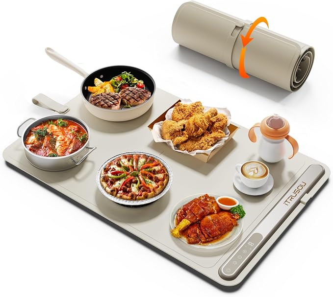 Warming Mat for Food (24"x16") - iTRUSOU 7-Level Electric Warming Tray with 400W High-Power, Timer 0–99H & Built-In Strap - Rollable Large Food Warming Mat for Parties & Buffet