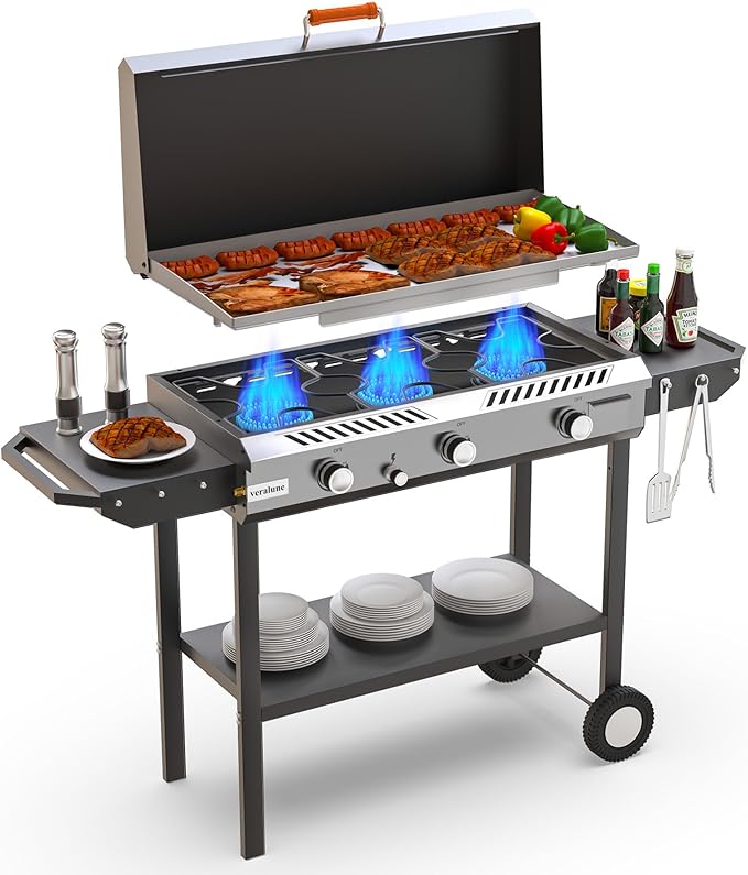 Veralune 2 in 1 Flat Top Gas Grill with Lid, Propane Gas Griddle, Outdoor Griddle Grill, Folding Side Shelves, Push-Button Ignition, Large Cooking Area