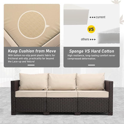 Valita Patio Furniture 3-seat Sofa Brown Wicker Outdoor Furniture Outdoor Couch Deep Seat High Backrest Waterproof Cover Anti-Slip Washable Cushions, Khaki