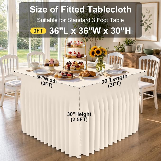 Smiry Spandex Elastic Fitted Table Cloth Skirt for 3FT Square Table | Stretch Washable Table Cloth, Banquet Table Cover for Wedding, Party, Indoor & Trade Shows, (Beige, 36Lx36Wx30H)