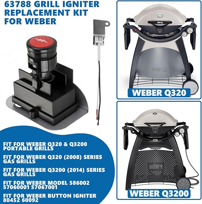 SafBbcue 63788 Grill Igniter Kit for Weber Q3200, Grill Ignitor for Weber 57067001, Grill Accessories Replacement Ignition Module 69927